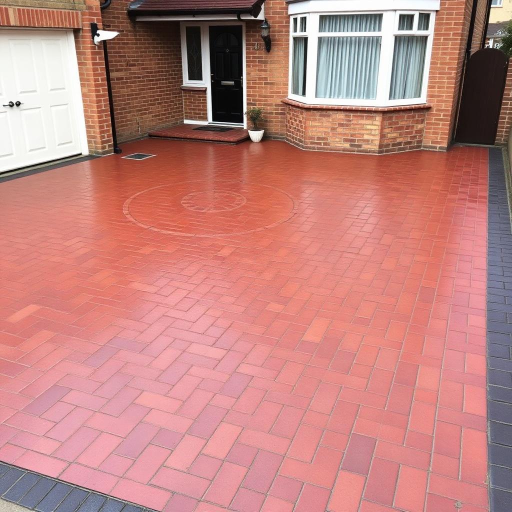 Completed pattern imprinted concrete driveway resealing project
