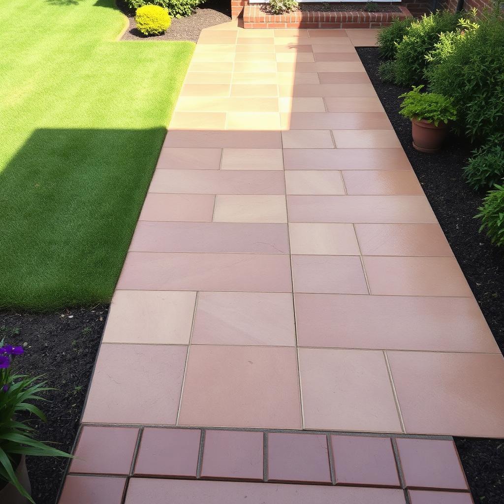 Sandstone coloured imprinted concrete patio and path resealed