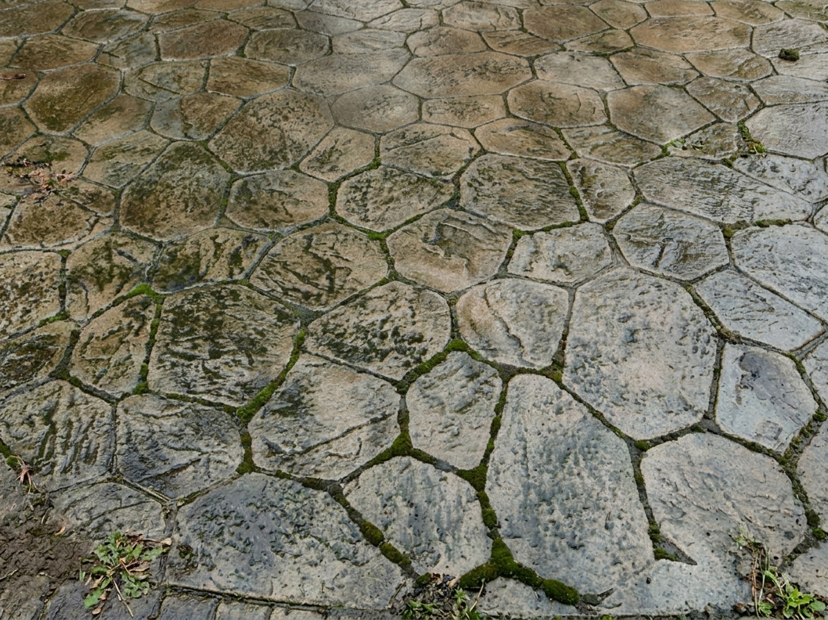 Faded, worn pattern imprinted driveway before resealing