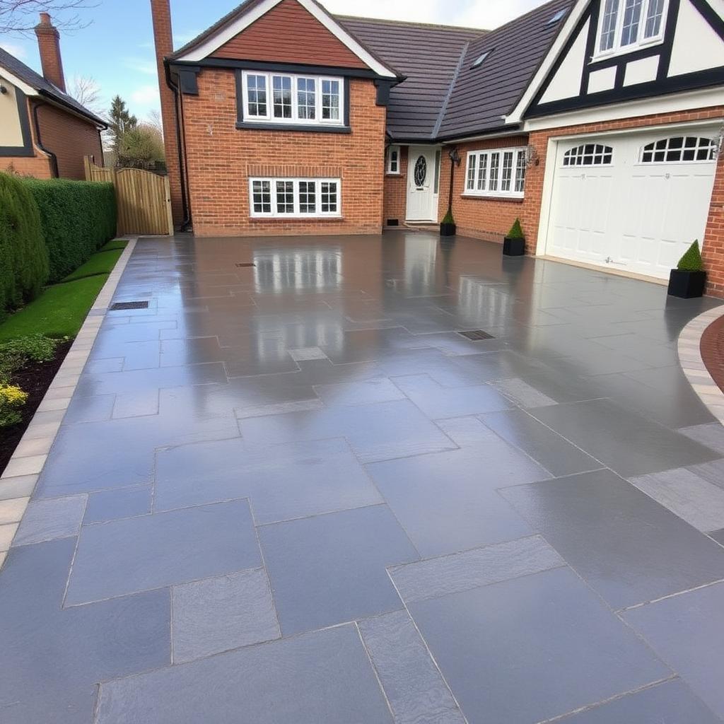 Large slate grey resealed driveway with double garage