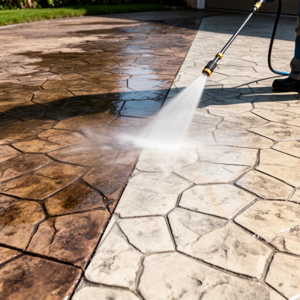 Pressure washing a pattern imprinted concrete driveway