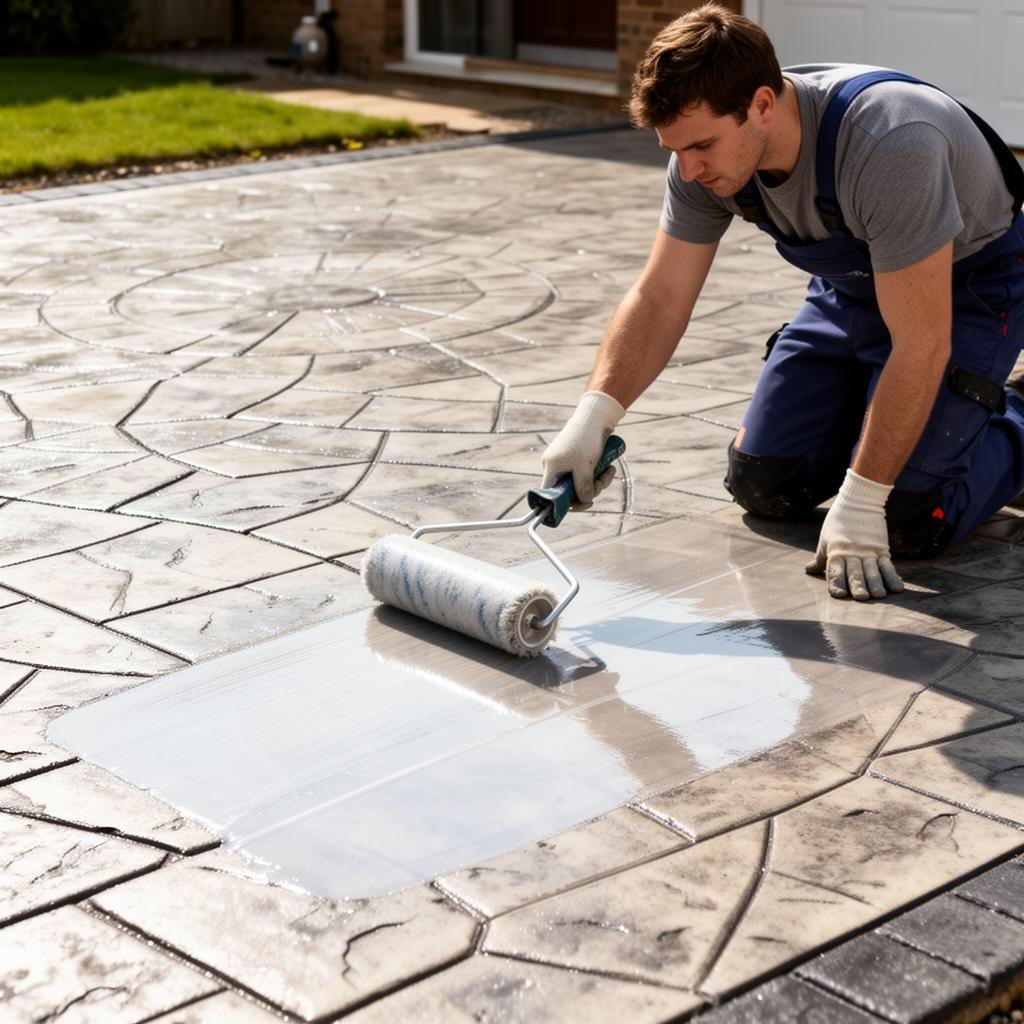 Applying premium sealant to a pattern imprinted concrete driveway